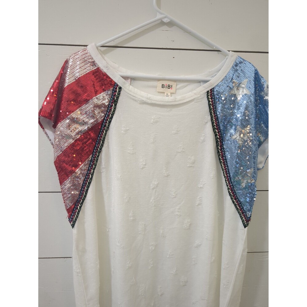 BIBI  patriotic sequin top distressed white braided stars stripes summer coastal